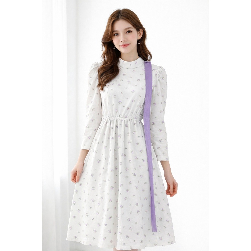 Vintage White Floral Midi Dress Purple Ribbon Puff‎ Sleeve Cottagecore Small